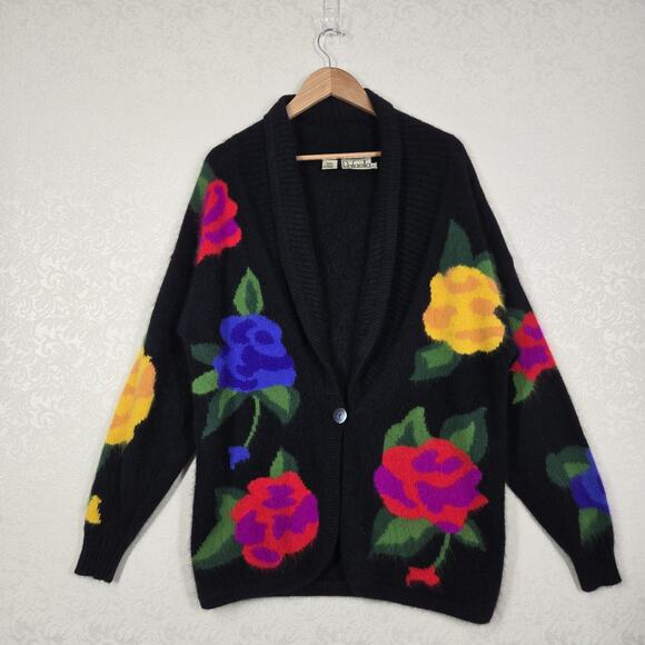 VTG Rafaella Angora Rabbit Hair Lambswool Sweater sz L Black Multicolor Floral - Picture 12 of 12